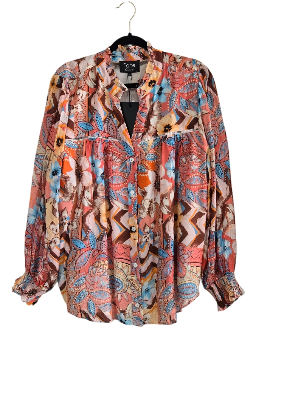 Fate Tencel Paisley Button Down Long Sleeve Lined Blouse Peach Blue 2X New